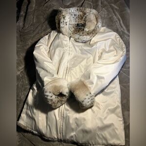 Dennis By Dennis Basso Faux Fur Coat Womens M snow leopard print, white